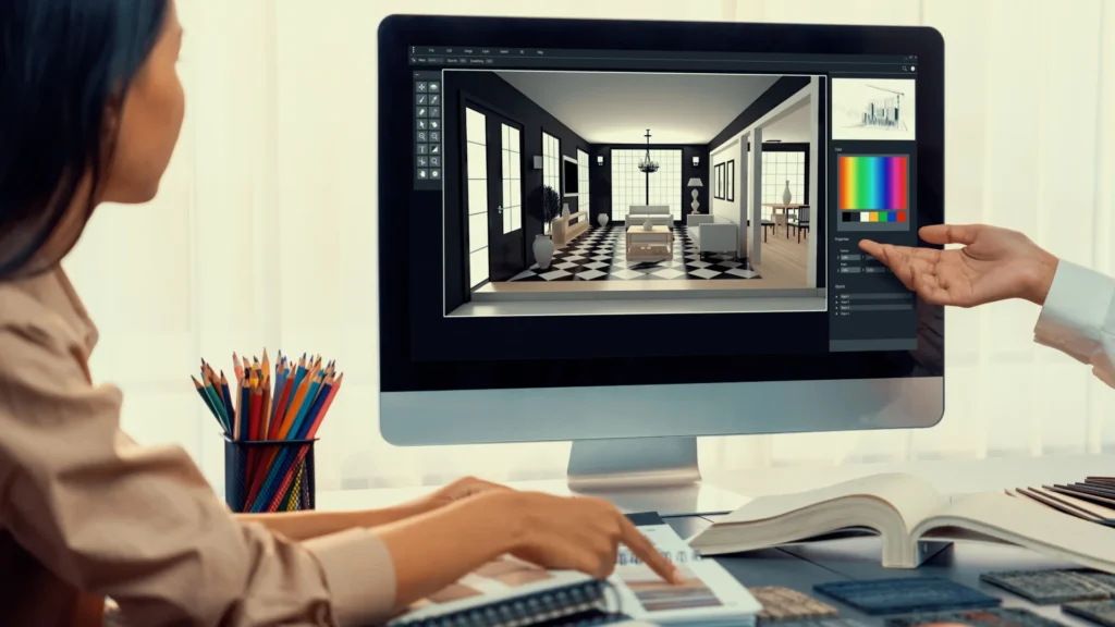 Progettazione 3D - gruppo di progettisti di interni al lavoro sul computer