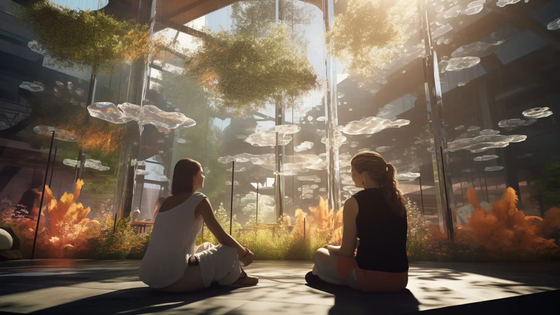 L'Intelligenza Artificiale nell'Architettura - persone sedute in un ambiente floreale