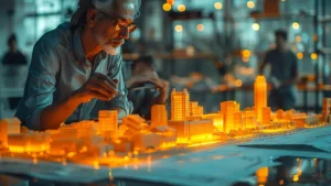 BIM e Allplan - architetto che ha sul tavolo un plastico illuminato di un piccolo quartiere
