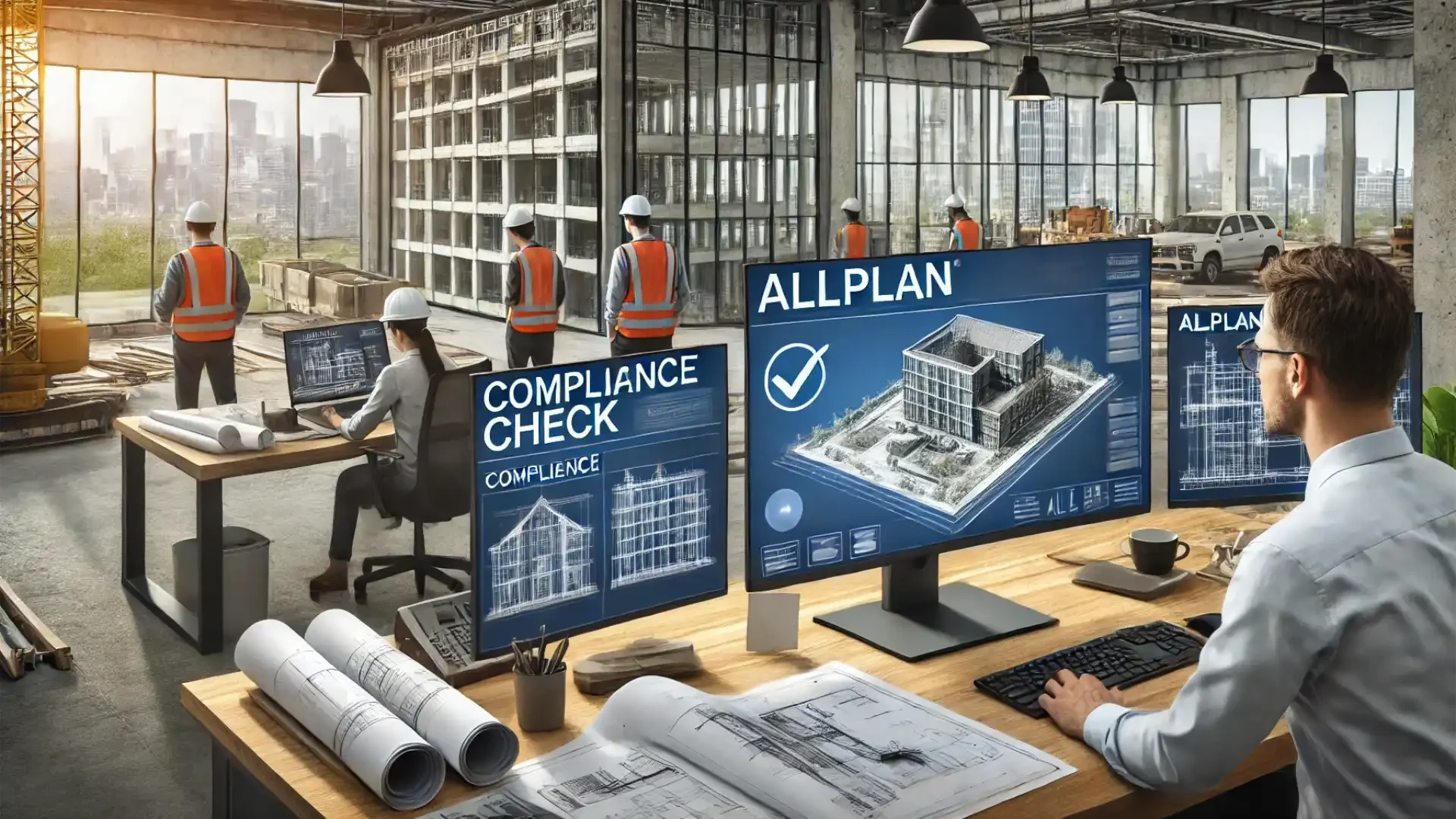 Come Allplan aiuta a rispettare le normative edilizie - architetto con 3 schermi