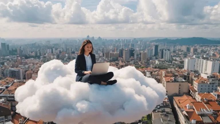 Come sfruttare il cloud per la progettazione collaborativa - ragazza con portatile seduta sopra le nuvole