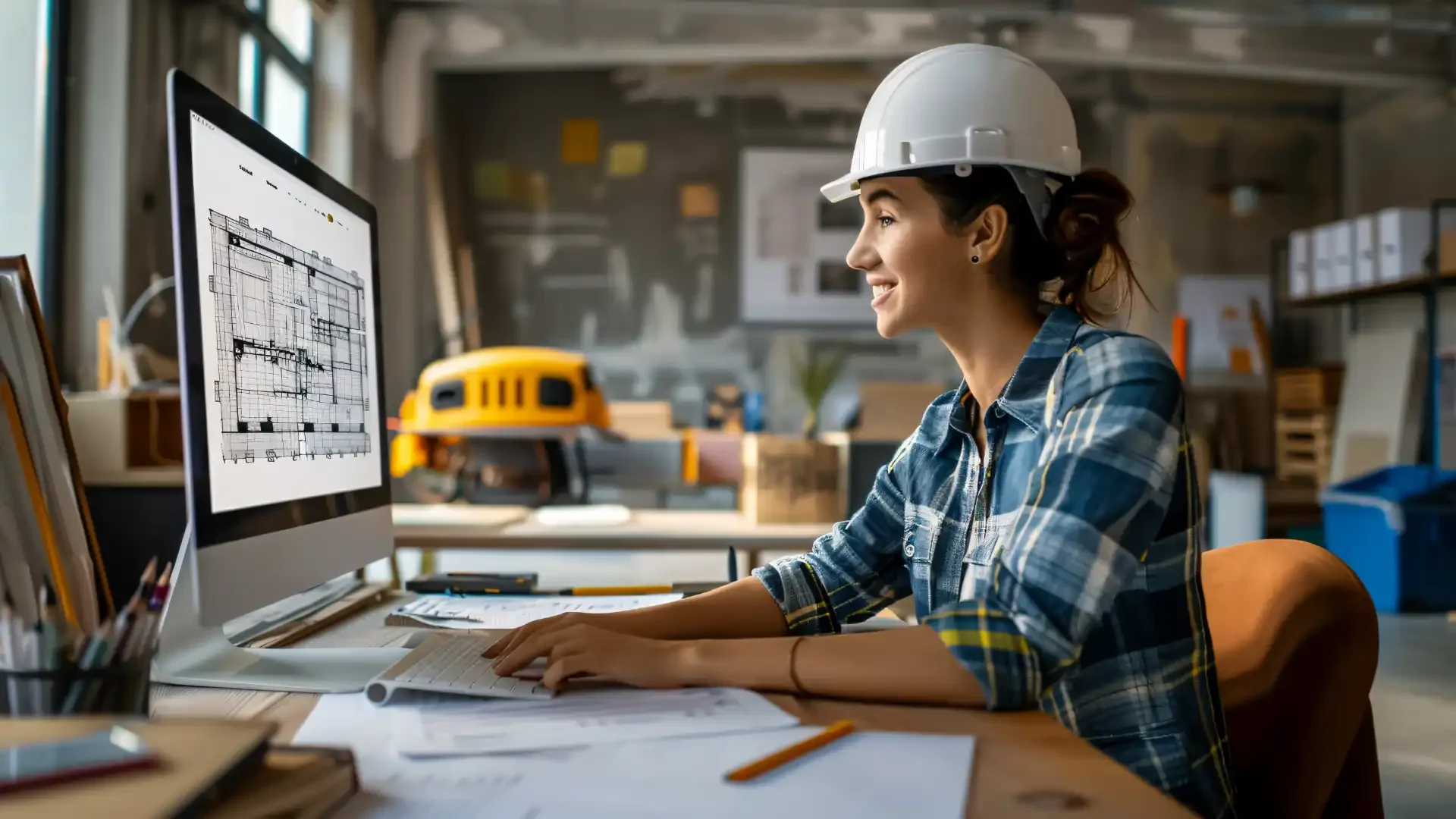 Automatizzare le operazioni ripetitive con gli script di Allplan - ragazza con caschetto al computer