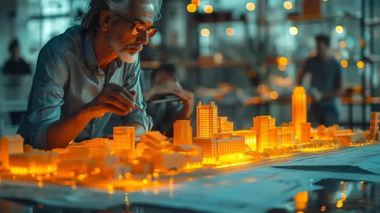 BIM e Allplan architetto che ha sul tavolo un plastico illuminato di un piccolo quartiere