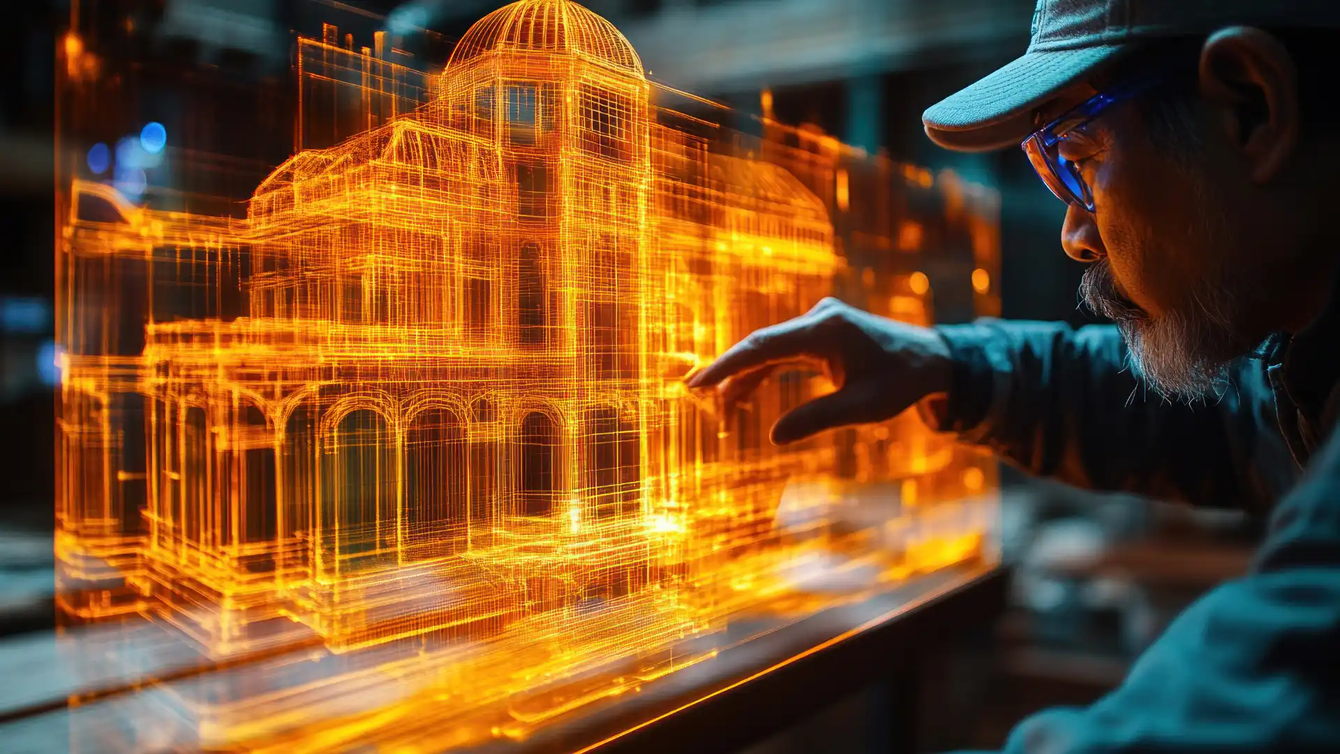 Digital Twin e Intelligenza Artificiale - uomo della manutenzione che visualizza un edificio virtuale