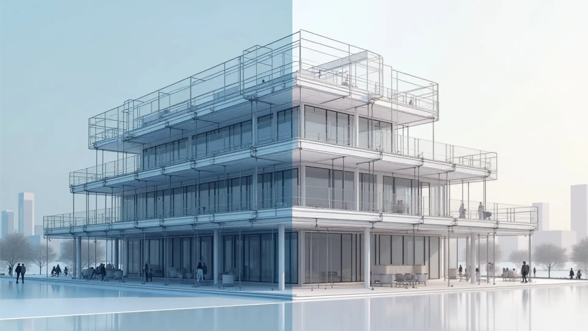 Digital Twin - edificio 3D visto in filo di ferro e realistico