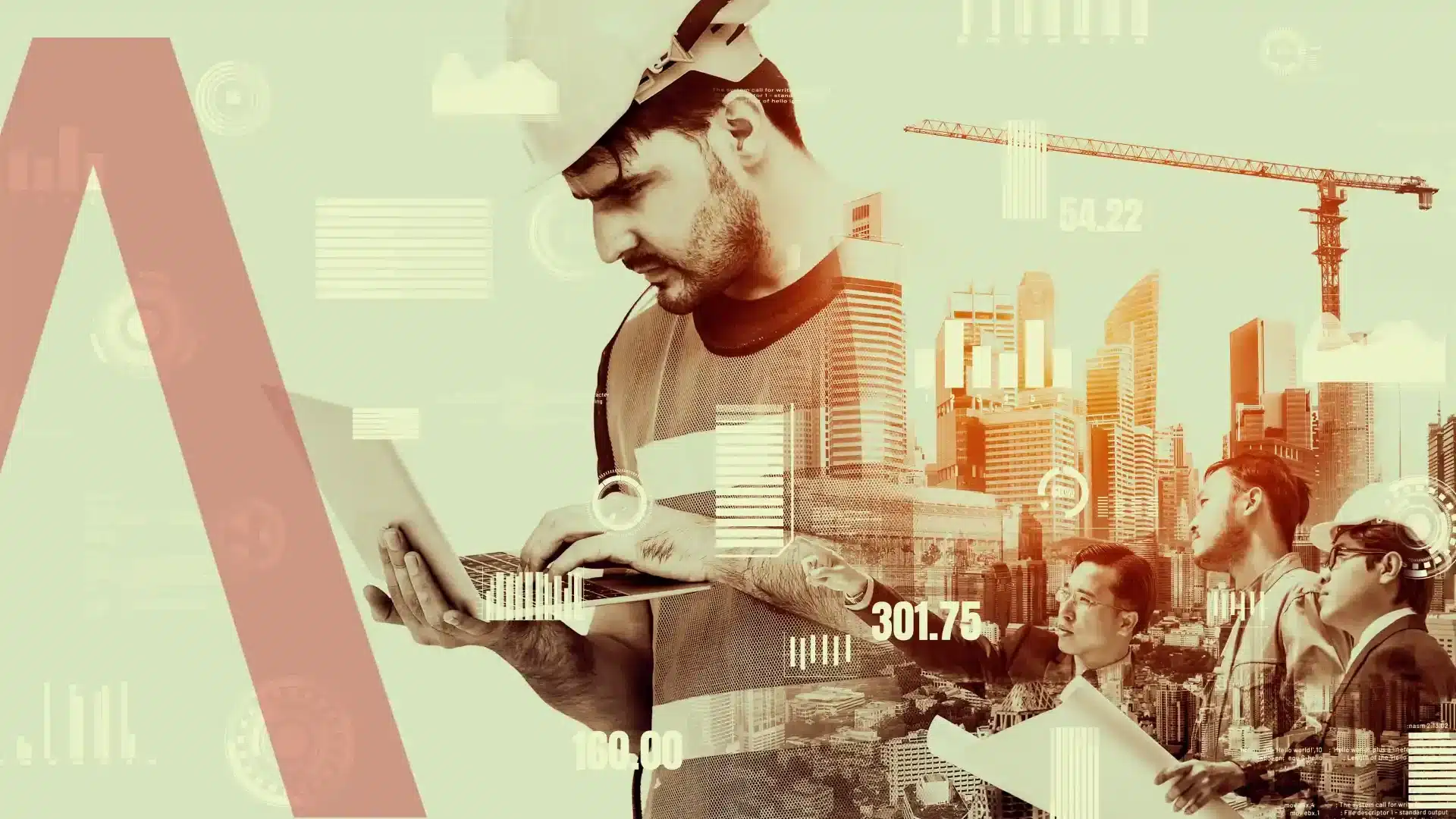 Digitalizzazione nel settore edile Immagine concettuale con professionista in semitrasparenza