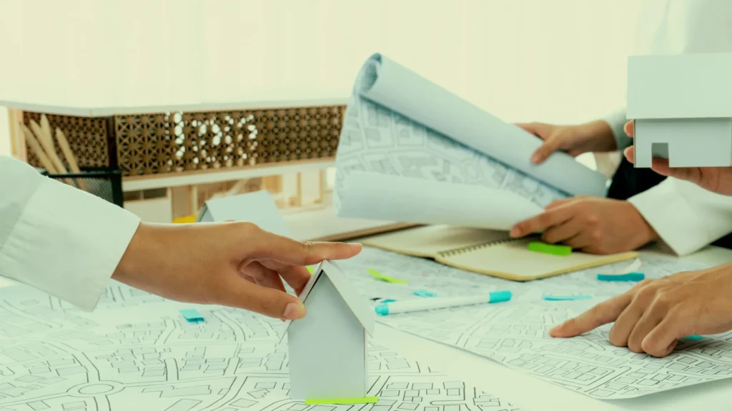 Produttività con Allplan - Progettisti che discutono un progetto cartaceo