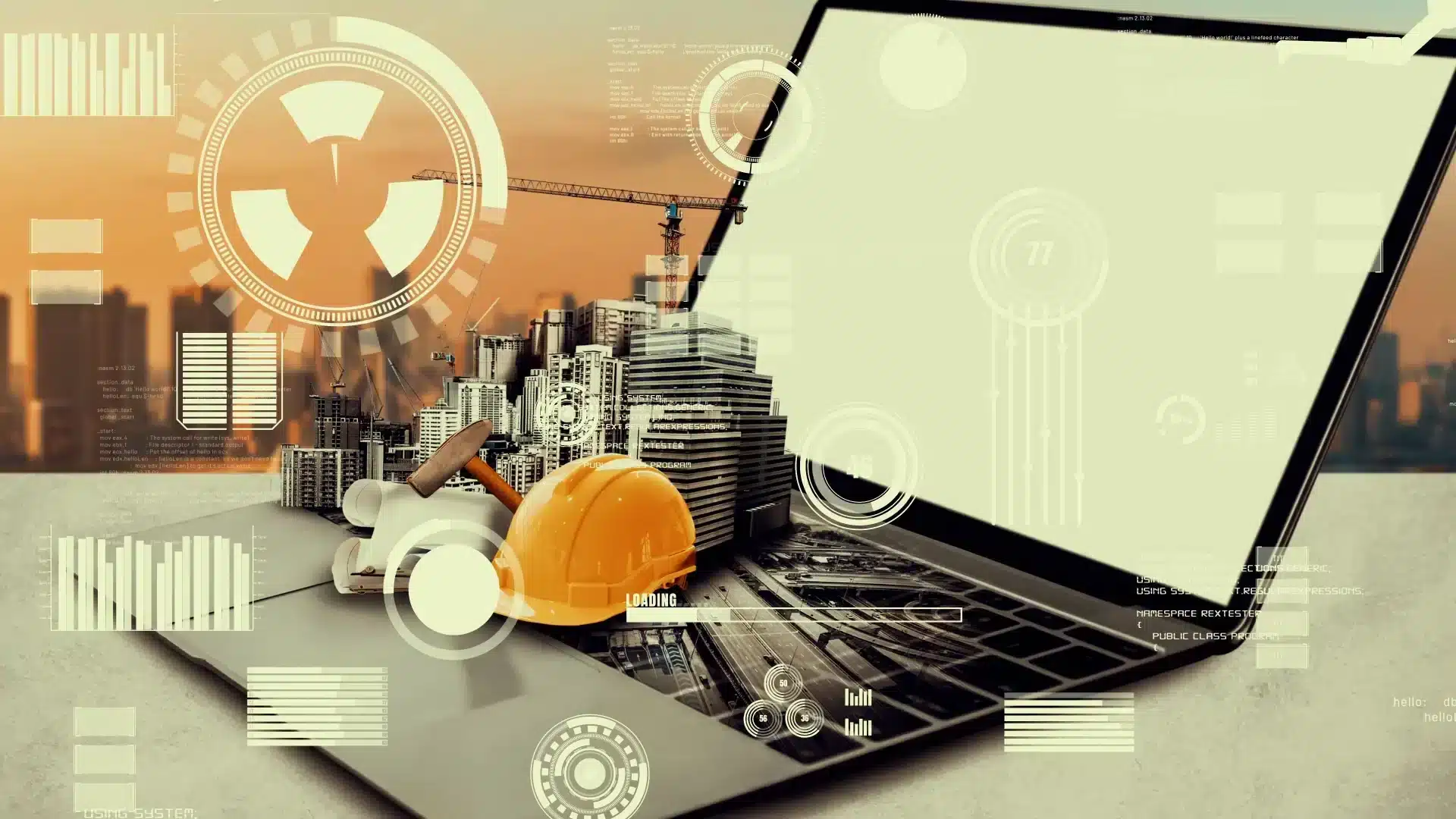 Allplan 2025 - Novità e vantaggi per i professionisti del settore edile 2 Iniziare con Allplan - Immagine concettuale composta da un caschetto edile un portatile e una città in miniatura