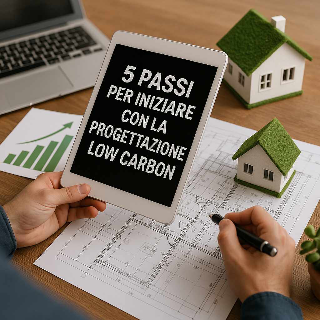 Progettazione low carbon allplan - mani che reggono un tablet con il titolo