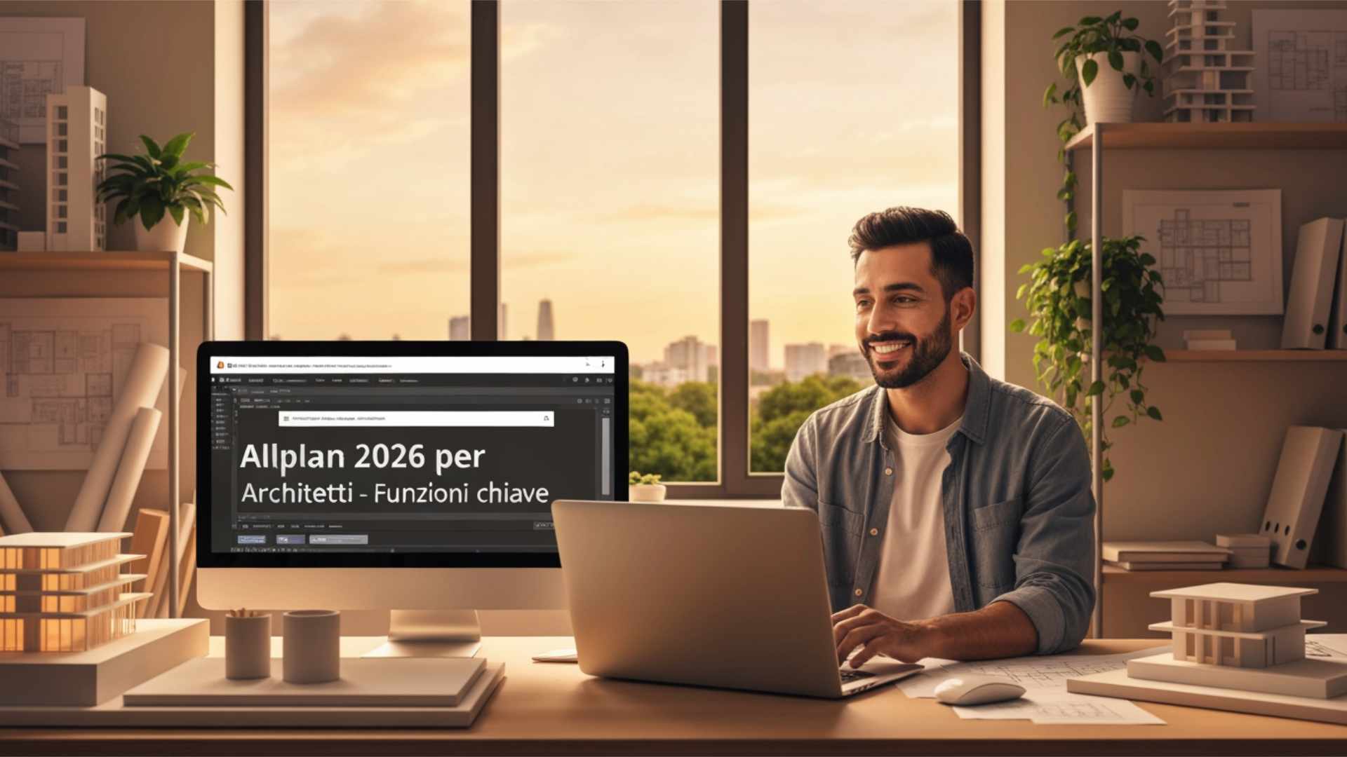 Allplan 2026 per Architetti - Funzioni chiave di Allplan architetto con portatile al lavoro